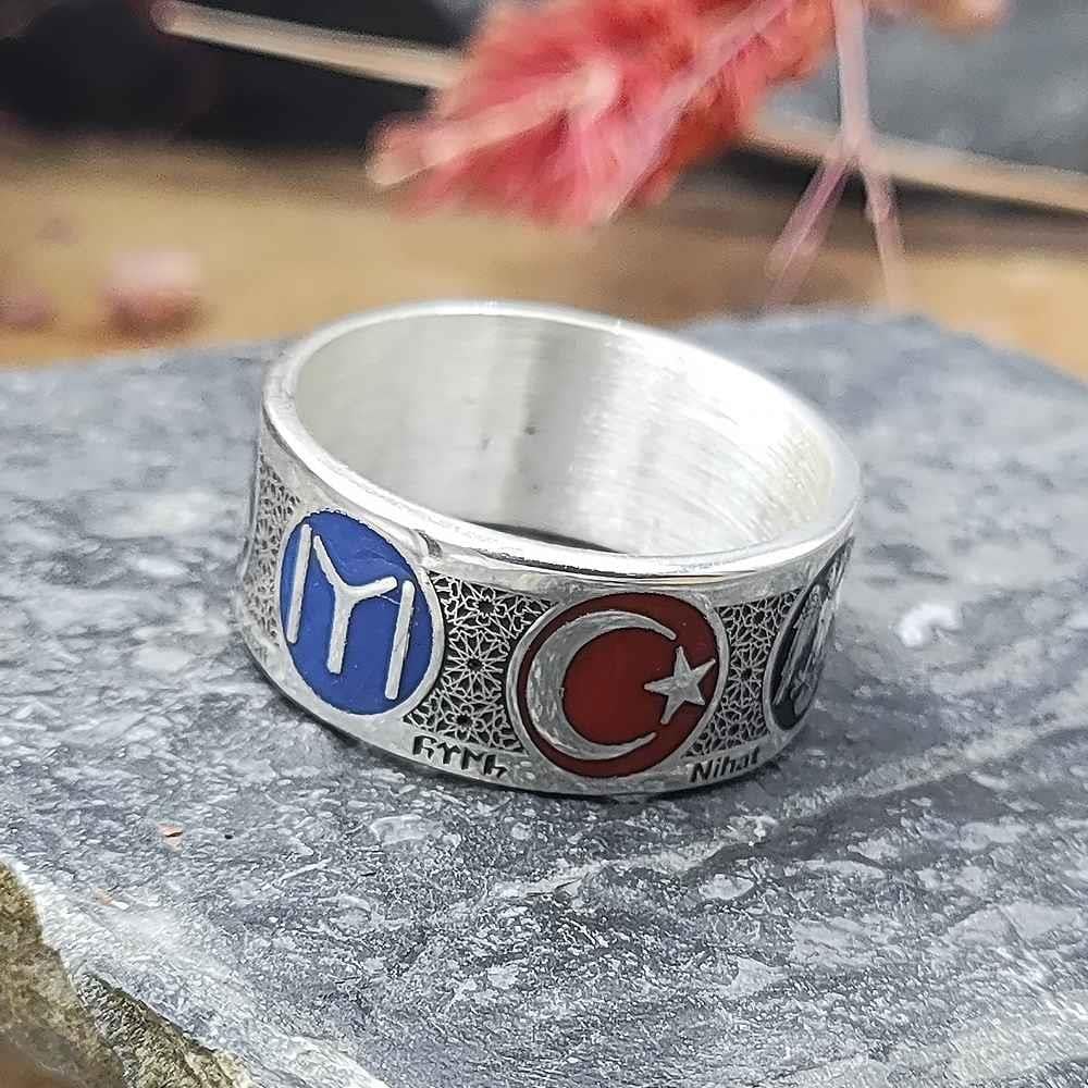 Türk Dünyası Kişiye Özel Gümüş Alyansİsim Yazılı Yüzük