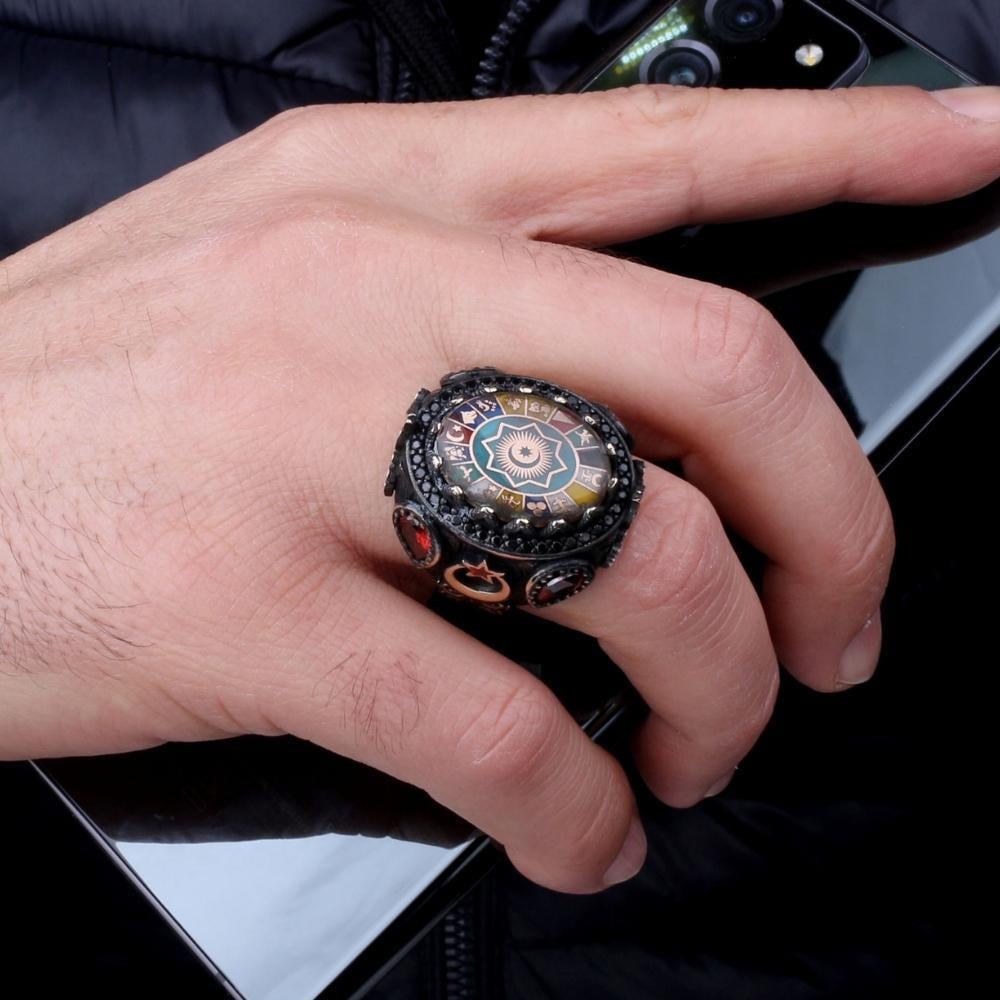 Türk Teşkilatı 16 Türk Devleti Mikro Taşlı Gümüş Yüzük16 Türk Devleti Yüzük