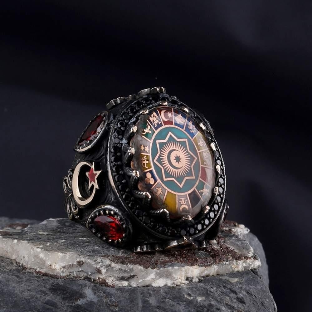 Türk Teşkilatı 16 Türk Devleti Mikro Taşlı Gümüş Yüzük16 Türk Devleti Yüzük