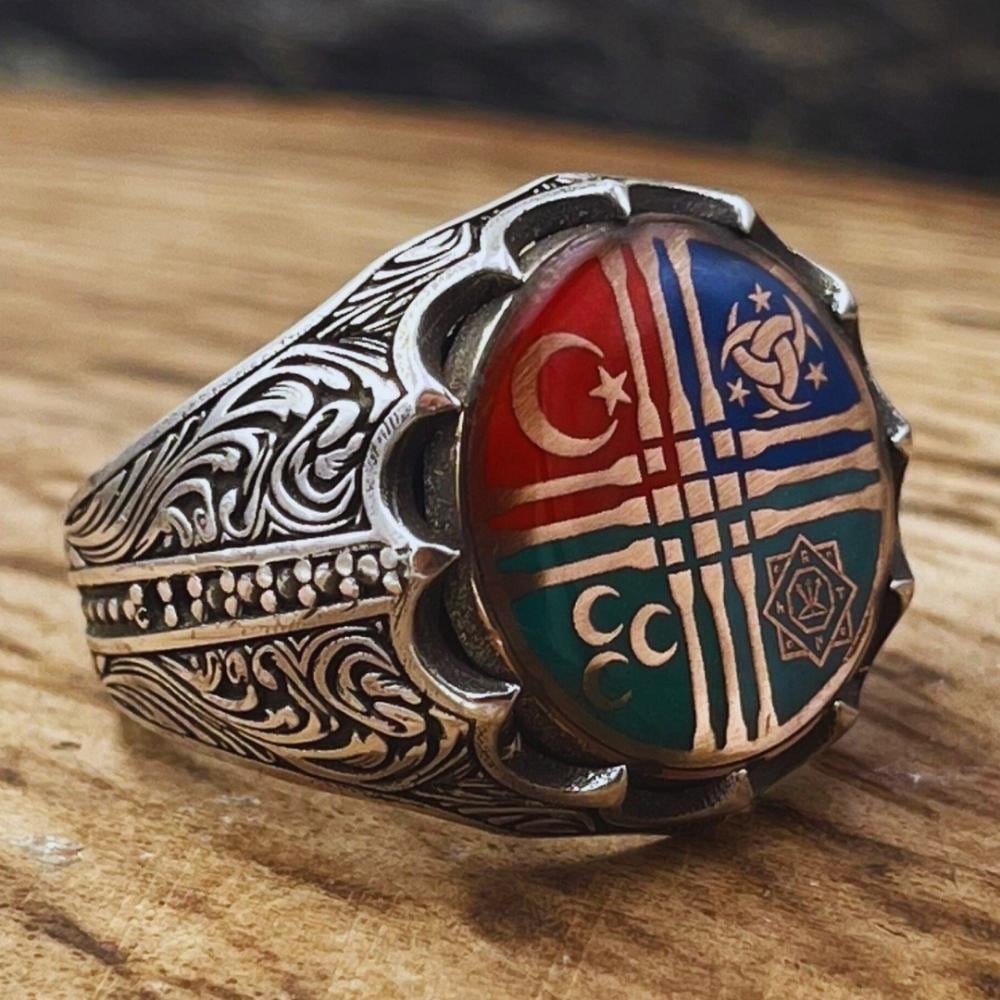 Türk Töresi 4 Sembol İşlemeli Gümüş Yüzük