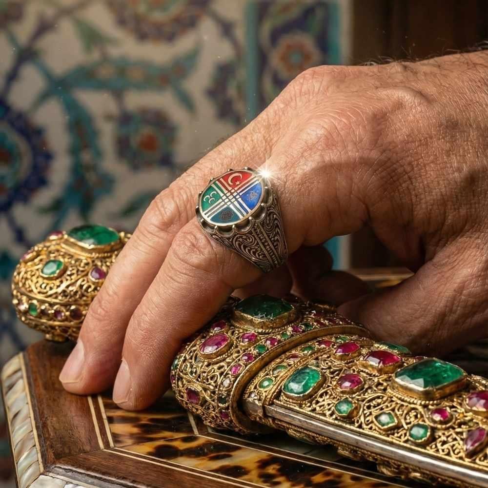 Türk Töresi 4 Sembol İşlemeli Gümüş YüzükAy Yıldız Yüzük