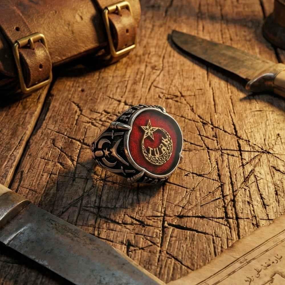 Türk Yazılı Ay Yıldız Kırmızı Mineli Gümüş Erkek YüzükAy Yıldız Yüzük