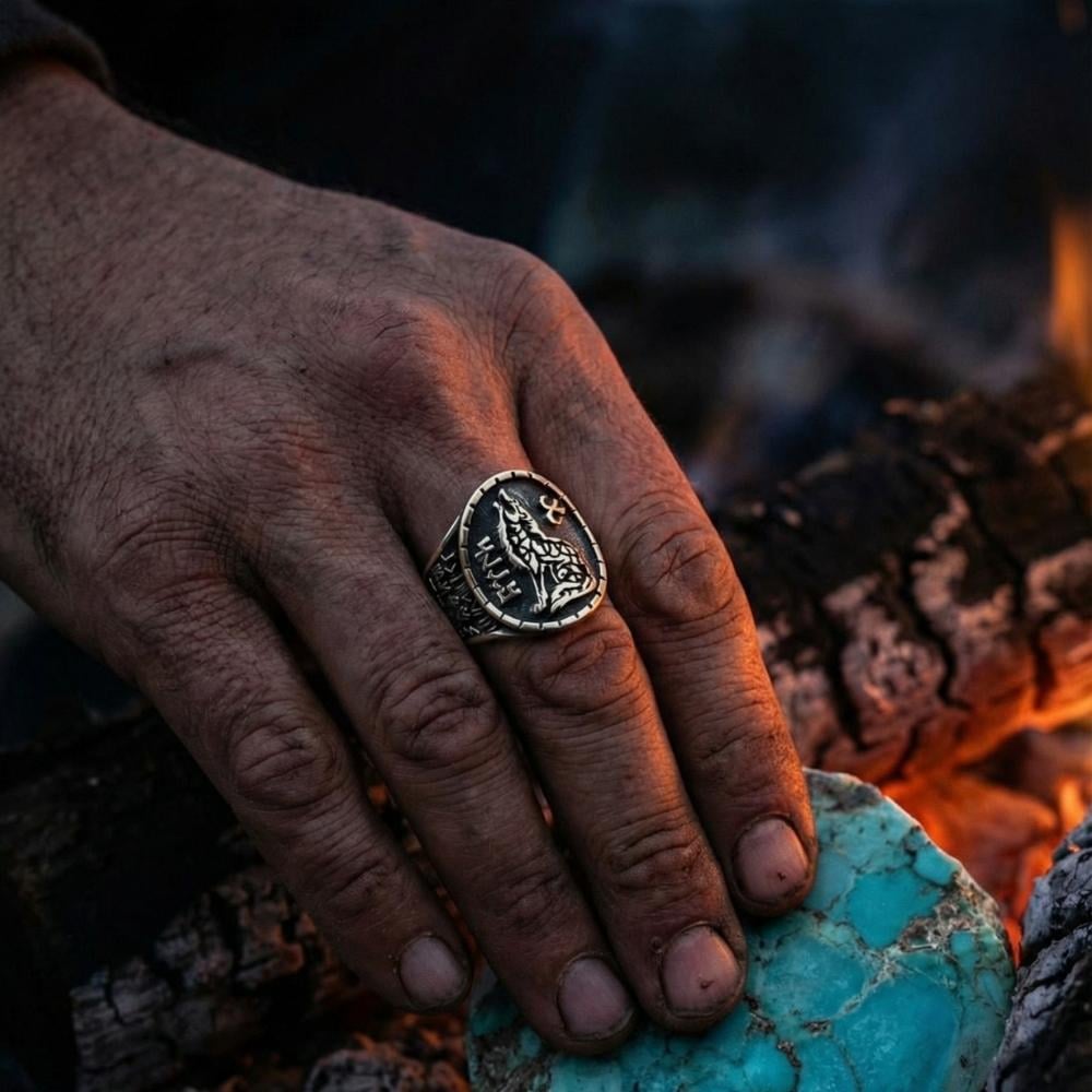 Türk Yazılı Kurt Motifli Yanları Göktürkçe YüzükGöktürkçe Türk Yazılı Yüzükler