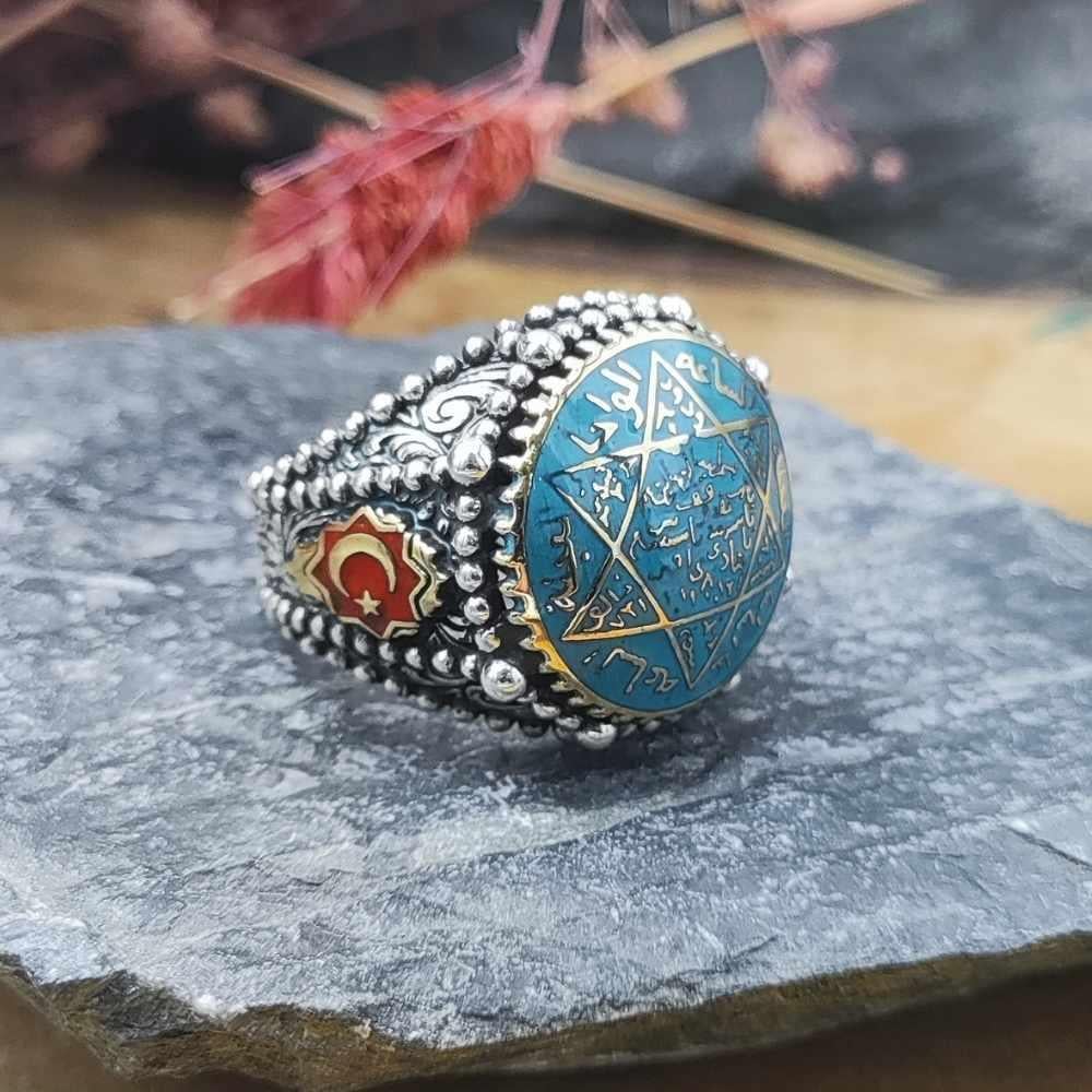Turkuaz Mineli Mührü Süleyman Gümüş YüzükSeal of Solomon Ring