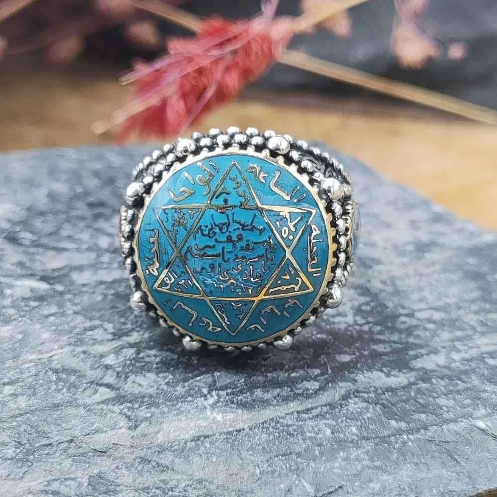 Turkuaz Mineli Mührü Süleyman Gümüş YüzükSeal of Solomon Ring