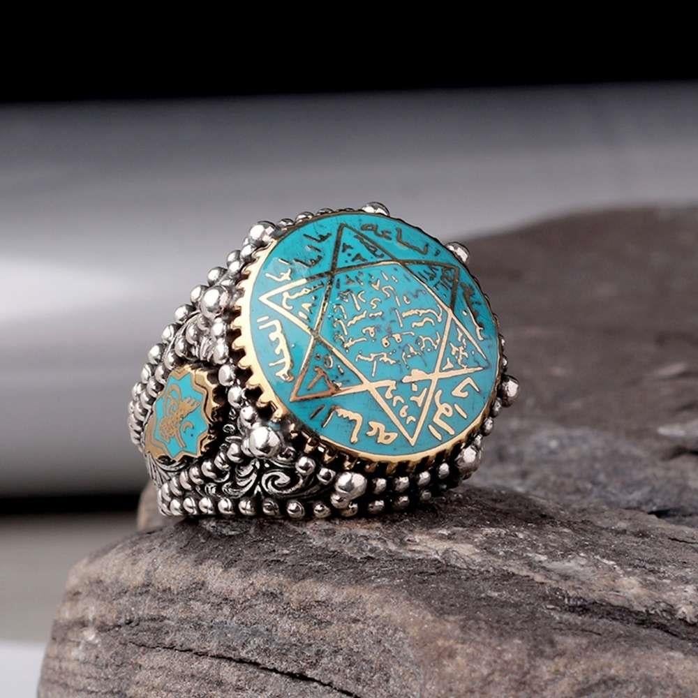 Turkuaz Mineli Mührü Süleyman Gümüş YüzükSeal of Solomon Ring