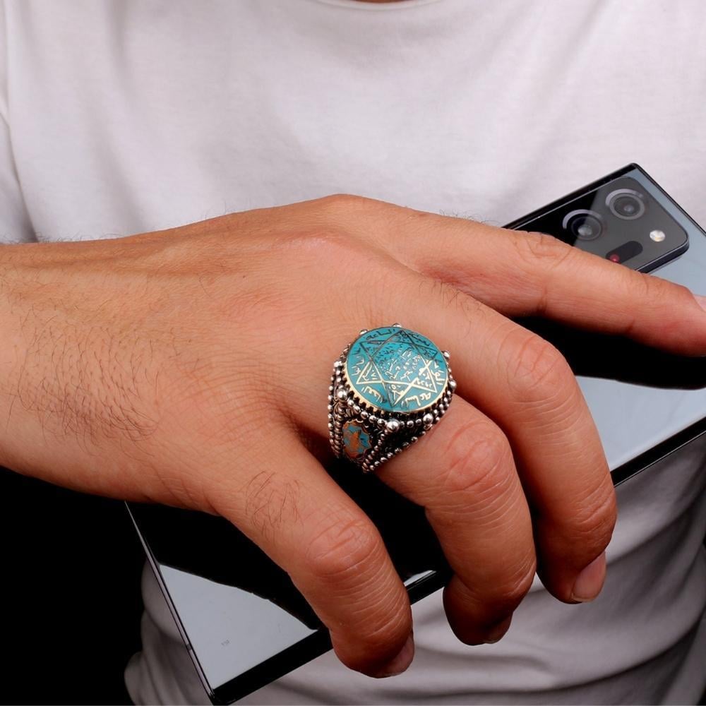 Turkuaz Mineli Mührü Süleyman Gümüş YüzükSeal of Solomon Ring