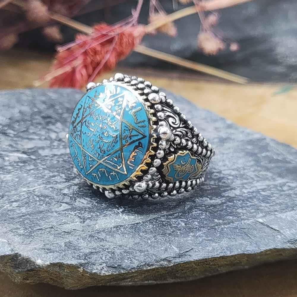 Turkuaz Mineli Mührü Süleyman Gümüş YüzükSeal of Solomon Ring