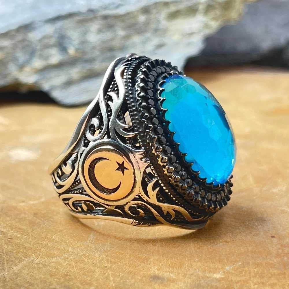 Turkuaz Taş İçi Aslan Gümüş YüzükAy Yıldız Yüzük