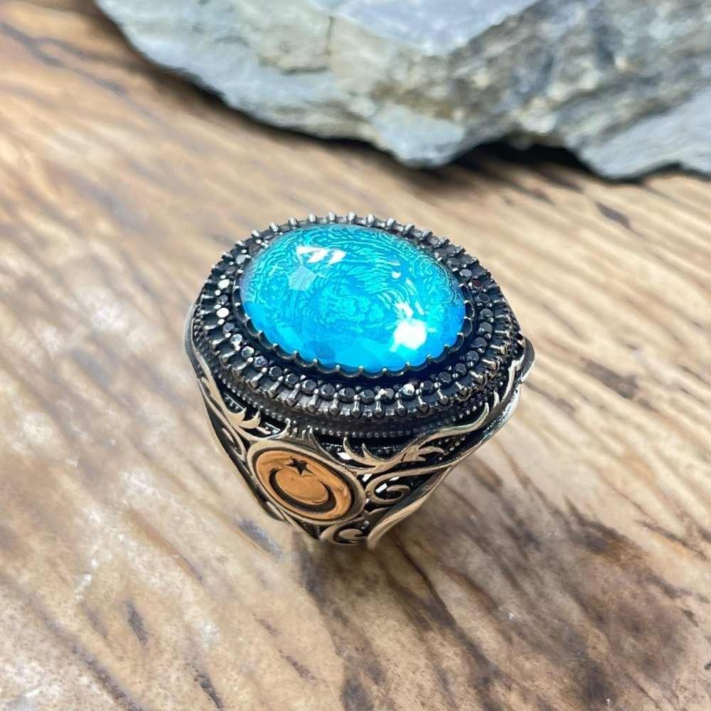 Turkuaz Taş İçi Aslan Gümüş YüzükAslan Yüzük