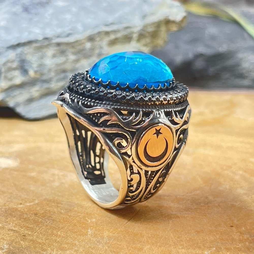 Turkuaz Taş İçi Aslan Gümüş YüzükAy Yıldız Yüzük