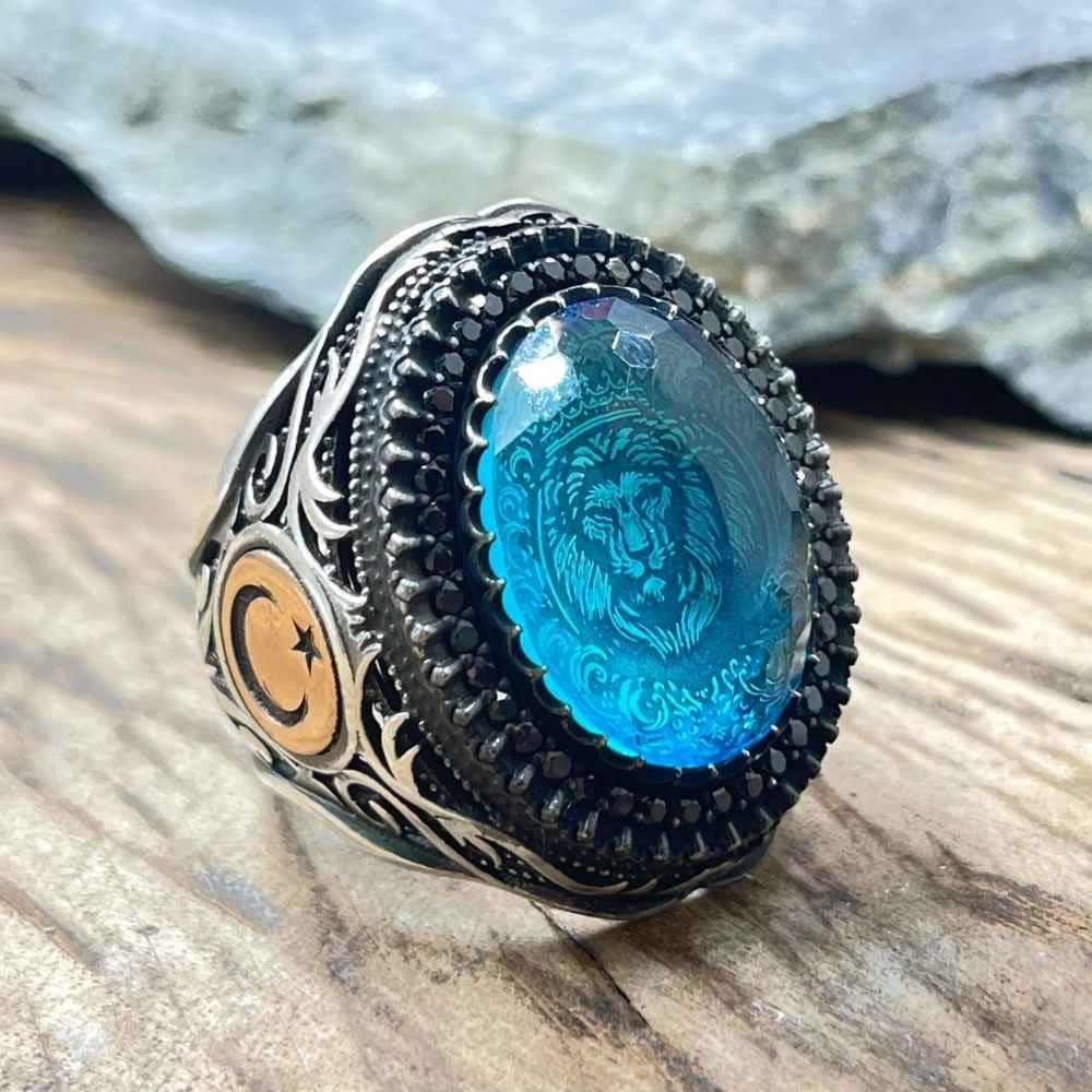 Turkuaz Taş İçi Aslan Gümüş YüzükAslan Yüzük