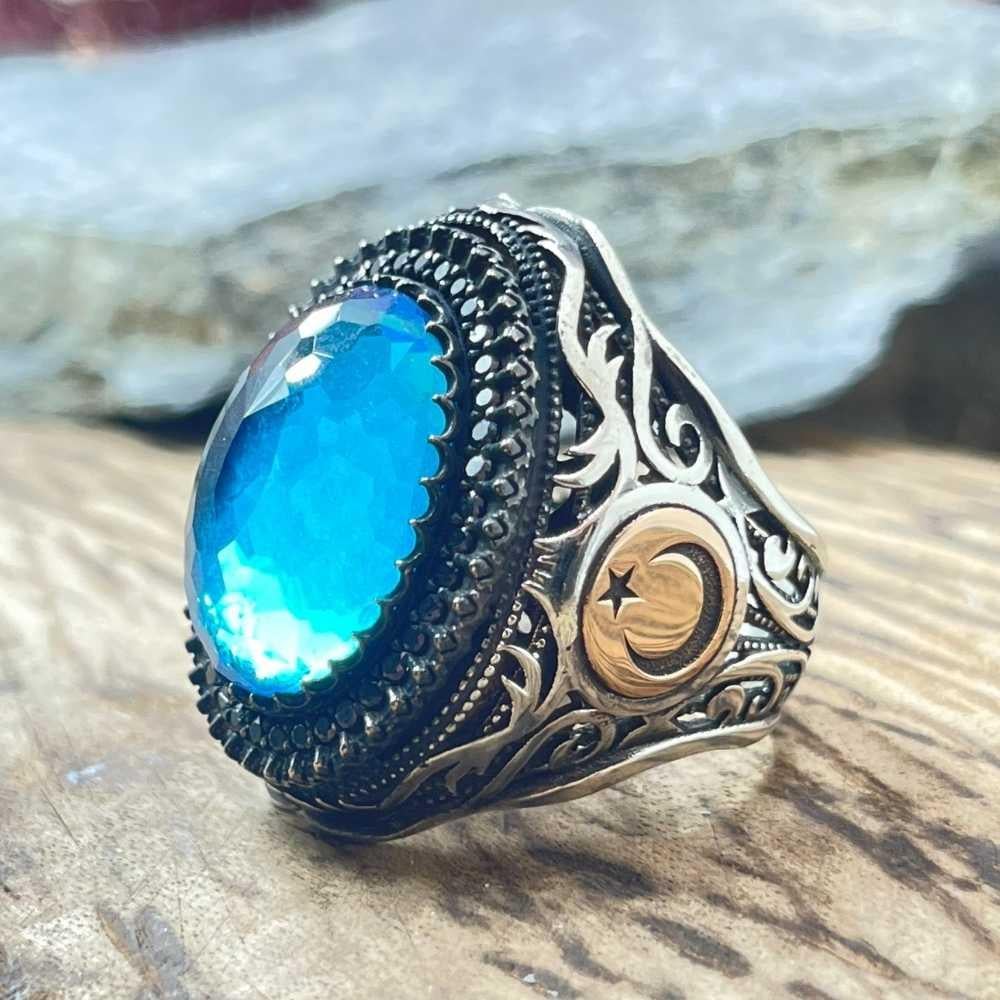 Turkuaz Taş İçi Aslan Gümüş YüzükAy Yıldız Yüzük