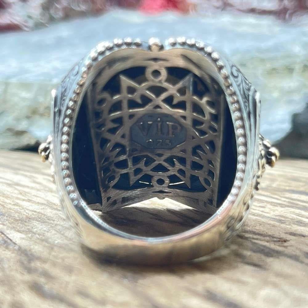 Turkuaz Taş İçi Çift Başlı Kartal Gümüş YüzükDouble Headed Eagle Seljuk Ring