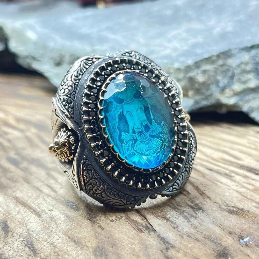 Turkuaz Taş İçi Çift Başlı Kartal Gümüş YüzükDouble Headed Eagle Seljuk Ring