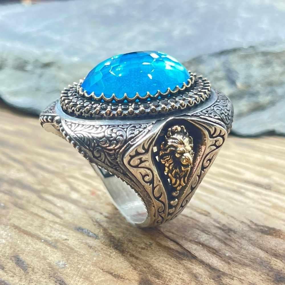 Turkuaz Taş İçi Çift Başlı Kartal Gümüş YüzükDouble Headed Eagle Seljuk Ring