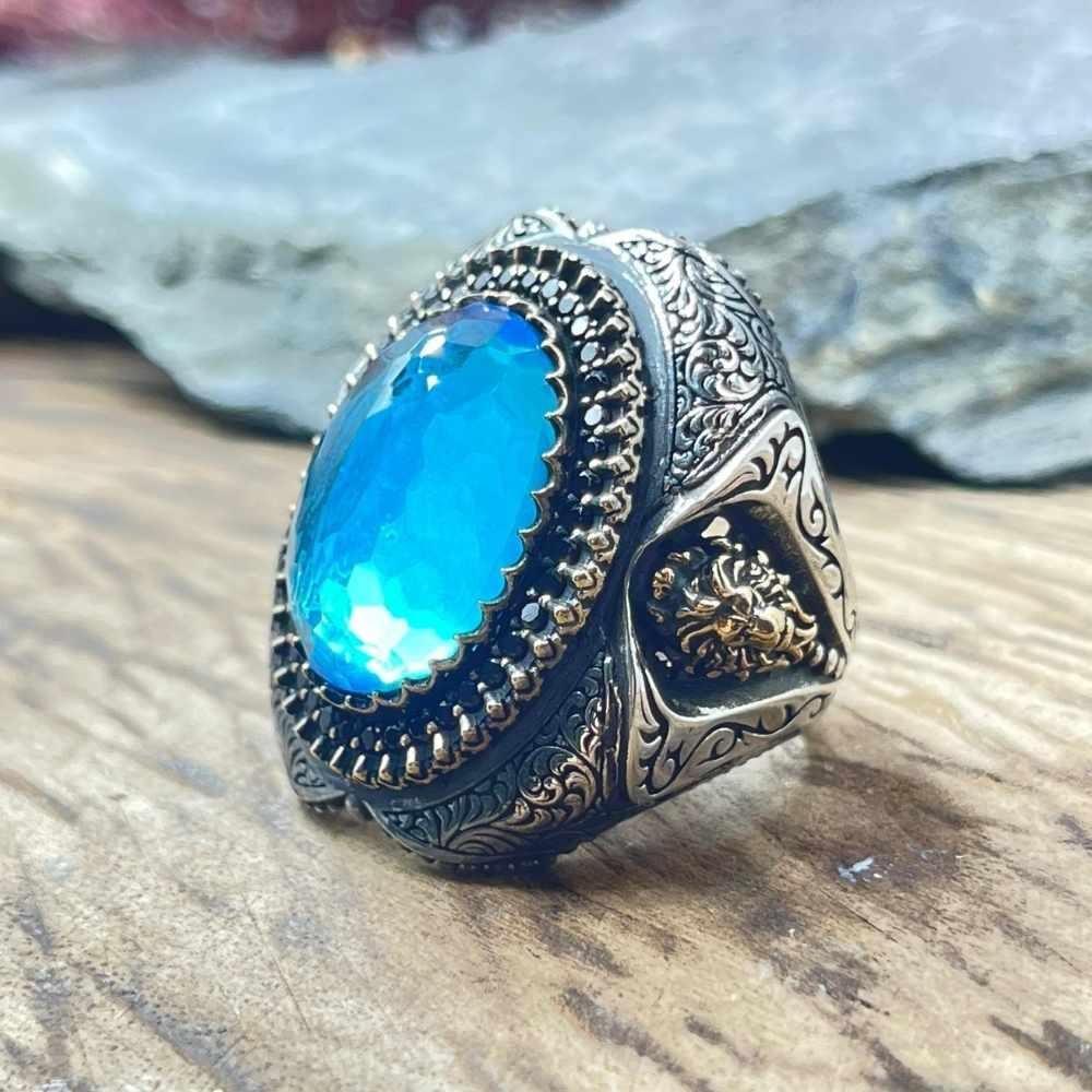 Turkuaz Taş İçi Çift Başlı Kartal Gümüş YüzükDouble Headed Eagle Seljuk Ring