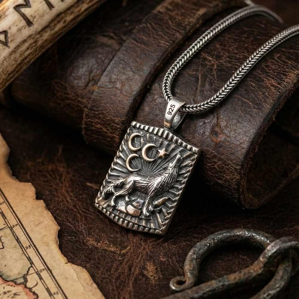 Üç Boyutlu Bozkurt Desenli Gümüş KolyeBozkurt Kolye