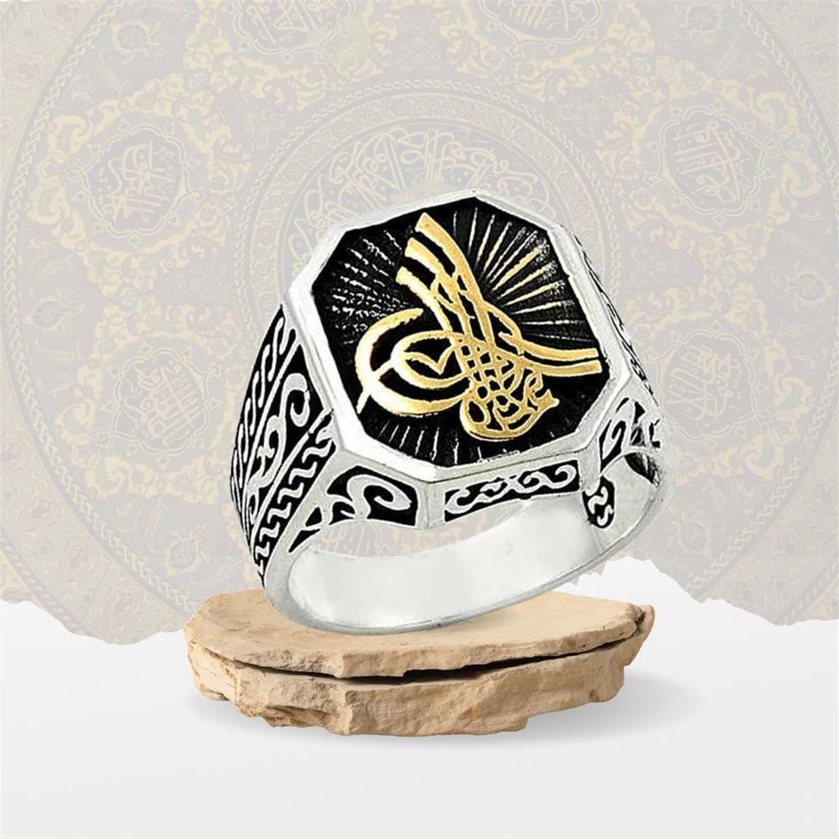 Üç Boyutlu Tuğra Desenli Motifli Gümüş Erkek Yüzük