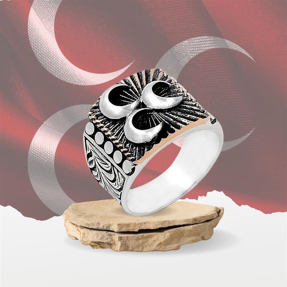 Üç Boyutlu Üç Hilal Desenli Gümüş Erkek Yüzük