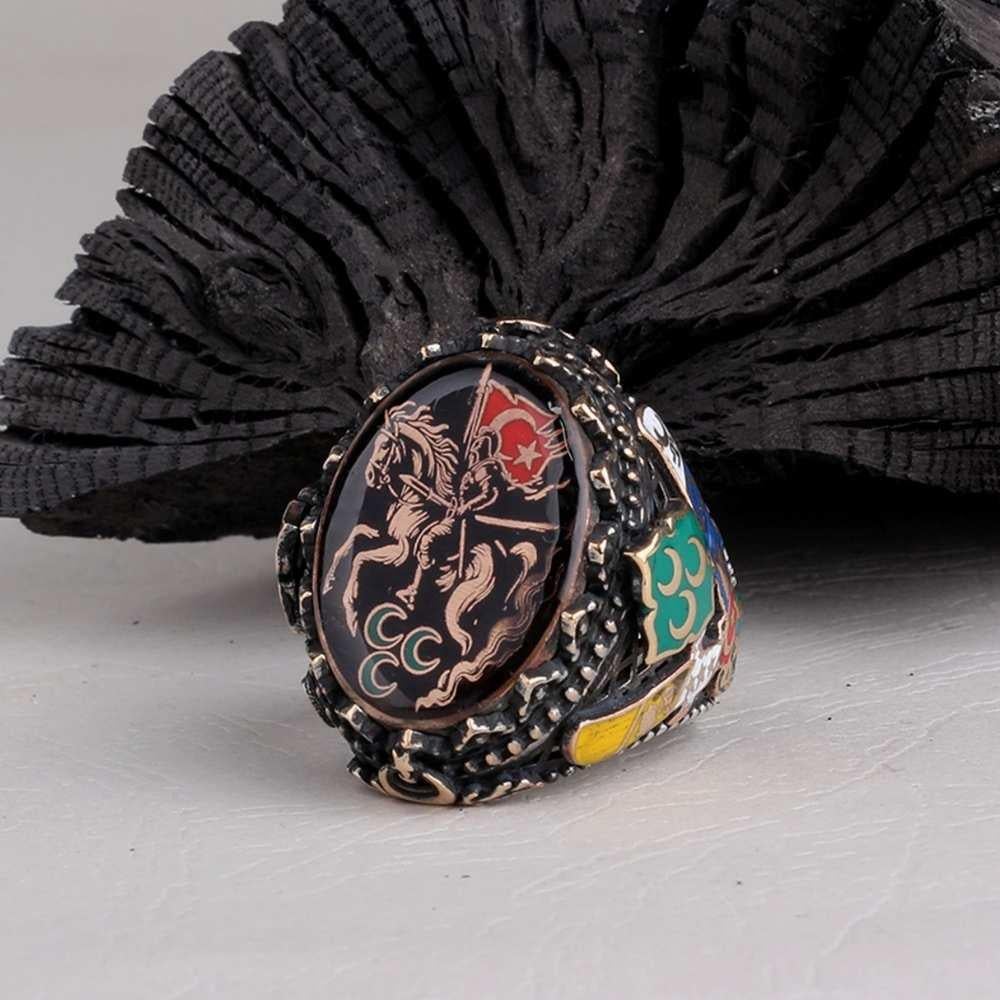 Üç Hilal At Sırtında Türk Savaşçısı Gümüş YüzükMoon Star Ring