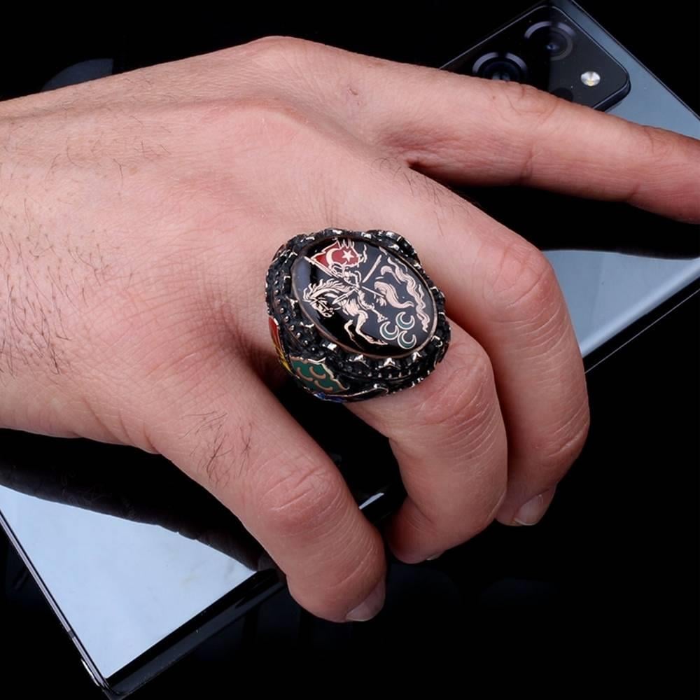 Üç Hilal At Sırtında Türk Savaşçısı Gümüş YüzükMoon Star Ring