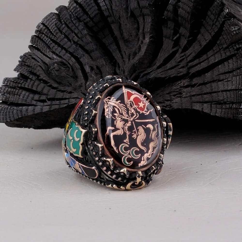 Üç Hilal At Sırtında Türk Savaşçısı Gümüş YüzükMoon Star Ring