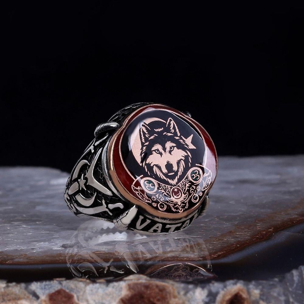 Üç Hilal Bozkurt Türk Bayrağı Gümüş Yüzük