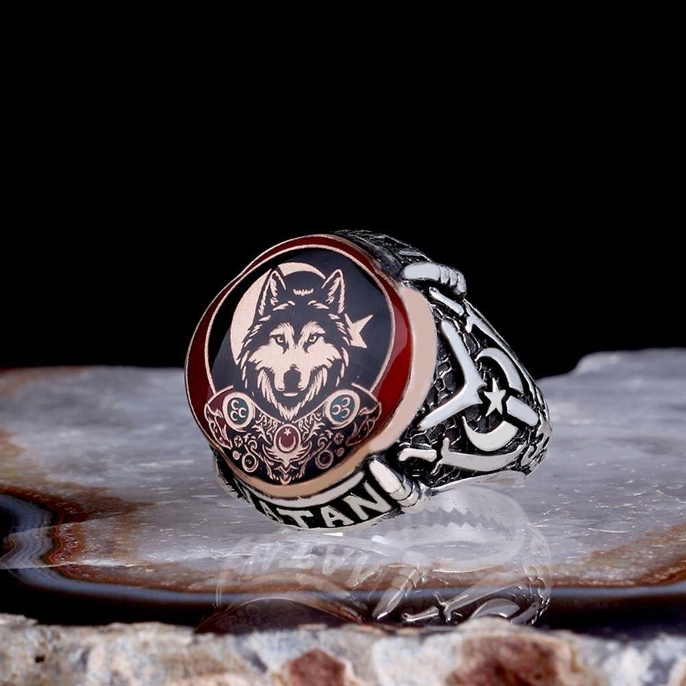 Üç Hilal Bozkurt Türk Bayrağı Gümüş Yüzük