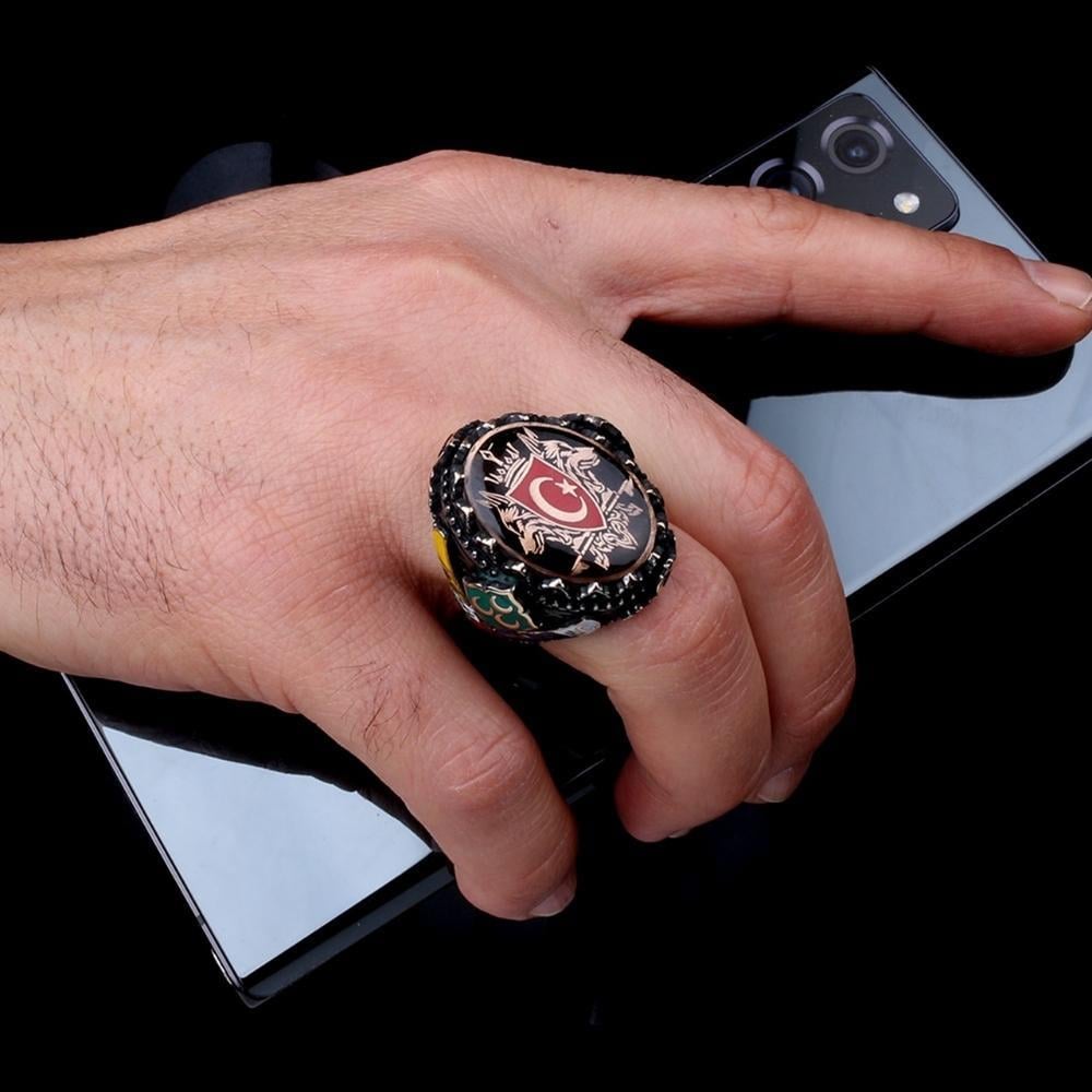 Üç Hilal Çift Bozkurt Ay Yıldız Gümüş YüzükGrey Wolf Ring