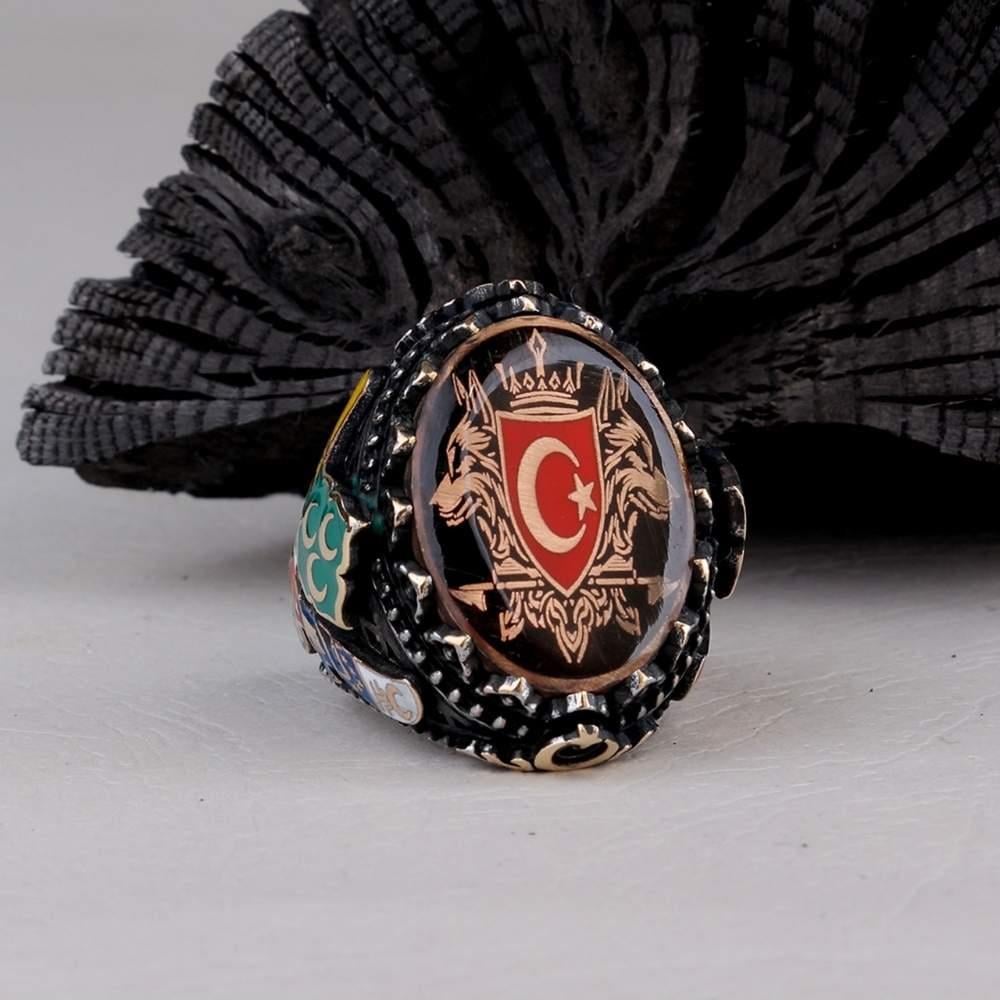Üç Hilal Çift Bozkurt Ay Yıldız Gümüş YüzükGrey Wolf Ring