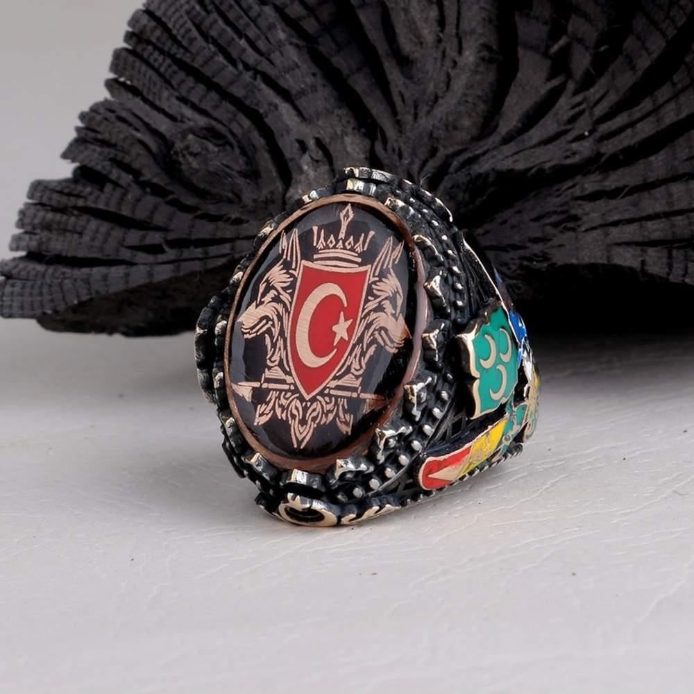 Üç Hilal Çift Bozkurt Ay Yıldız Gümüş YüzükGrey Wolf Ring