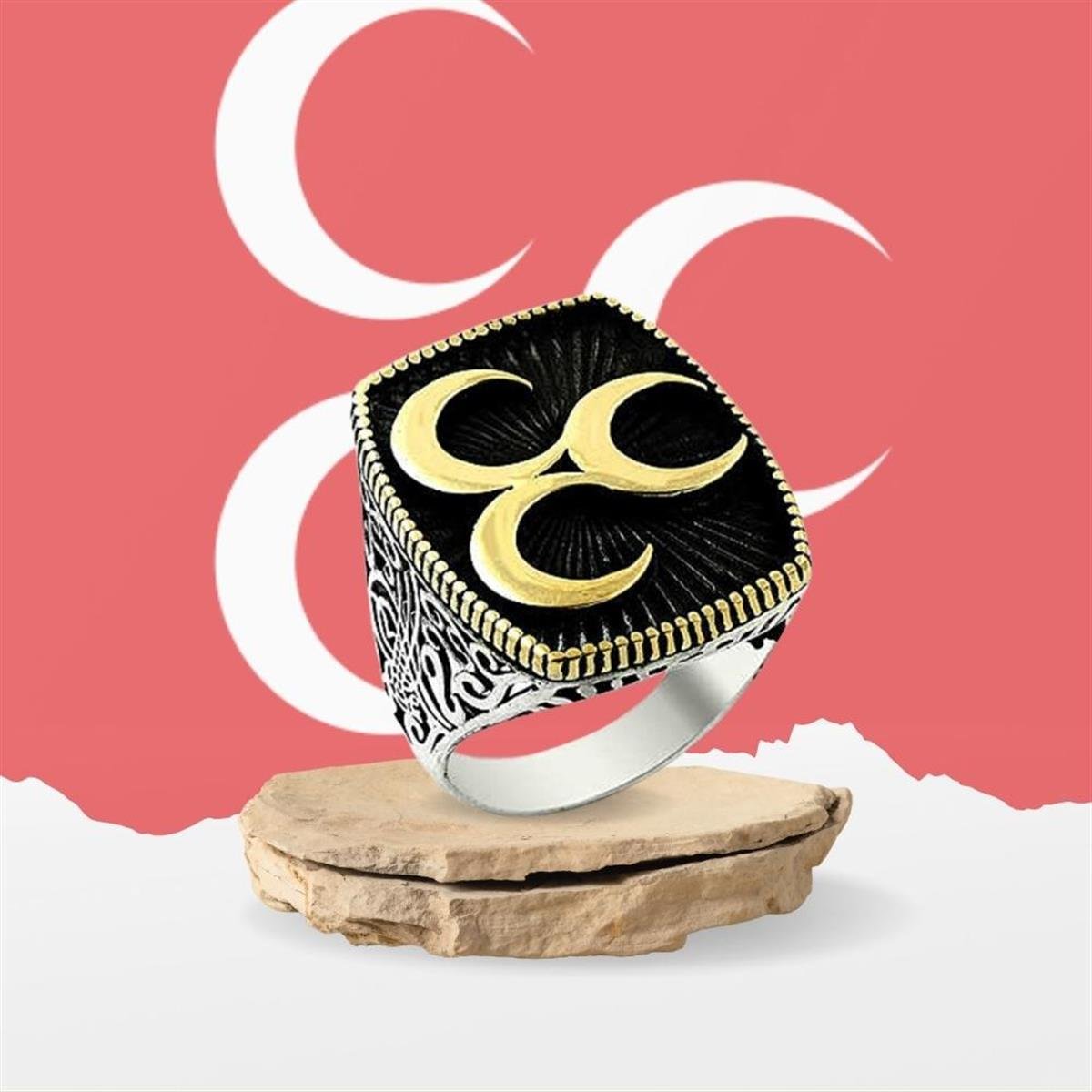Üç Hilal Desenli Osmanlı Motifli Gümüş Erkek Yüzük
