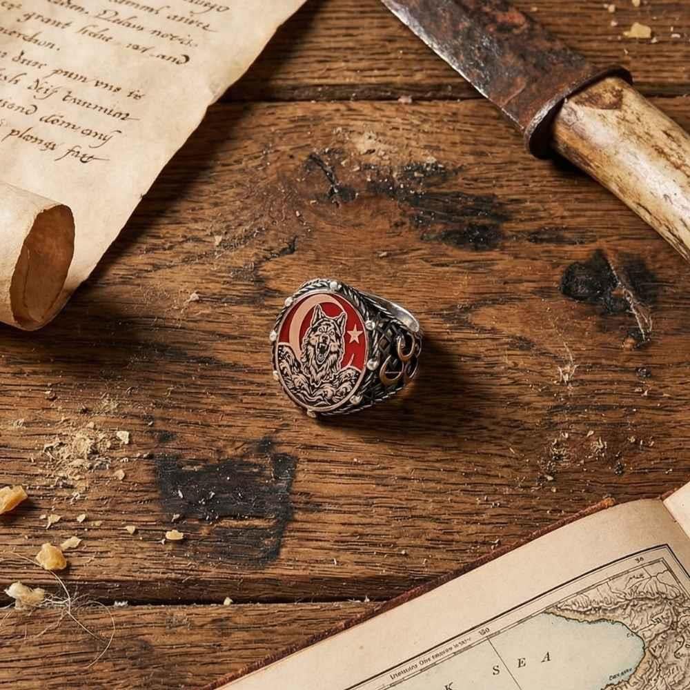 Üç Hilal İşlemeli Bozkurt Ay Yıldız Gümüş YüzükBozkurt Yüzükleri