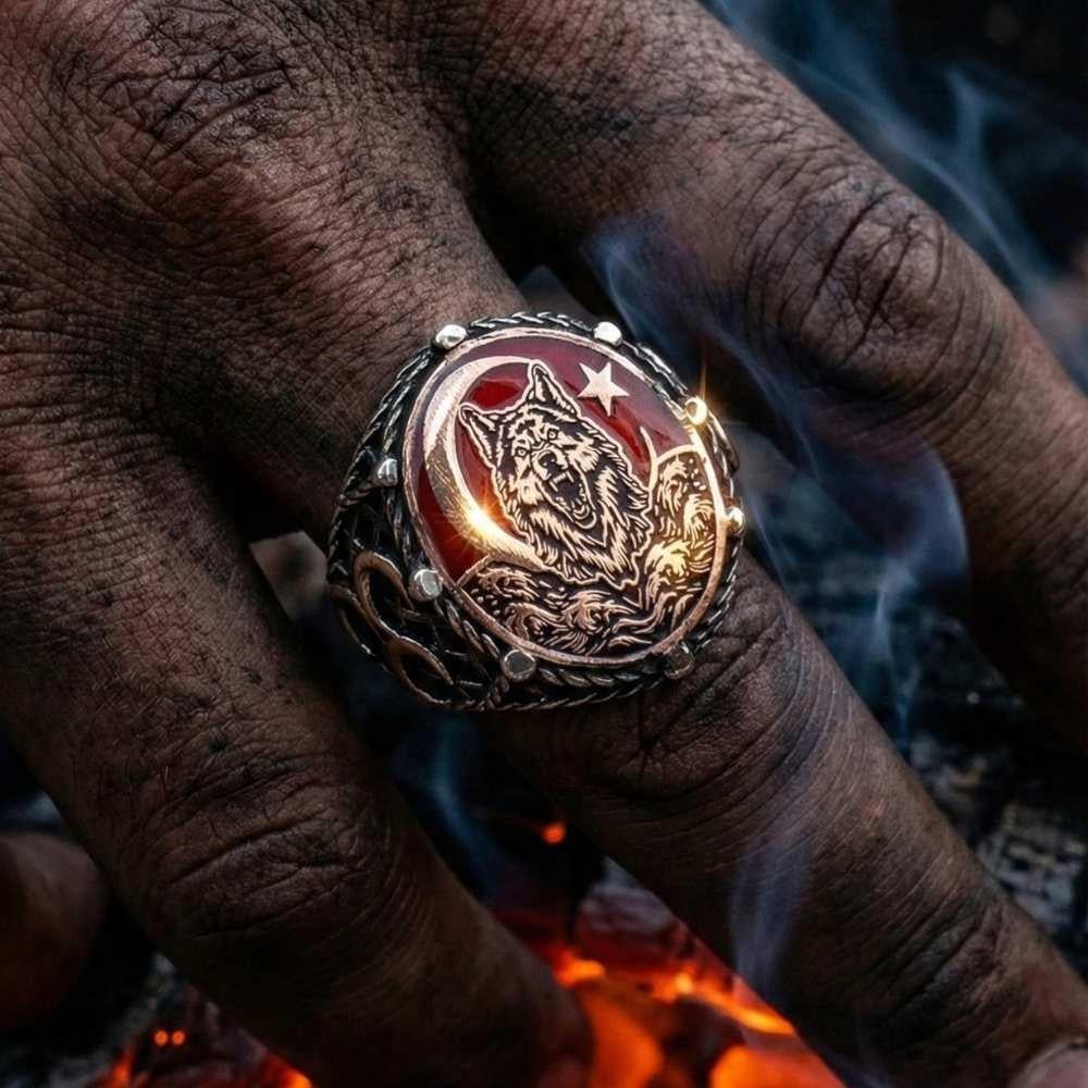 Üç Hilal İşlemeli Bozkurt Ay Yıldız Gümüş YüzükBozkurt Yüzükleri