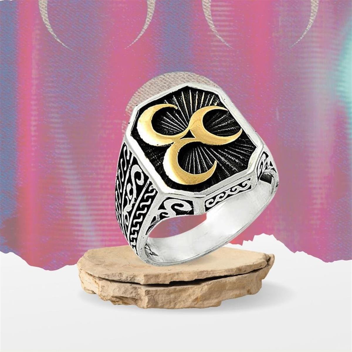 Üç Hilal Kare Kesim Gümüş Erkek Yüzük