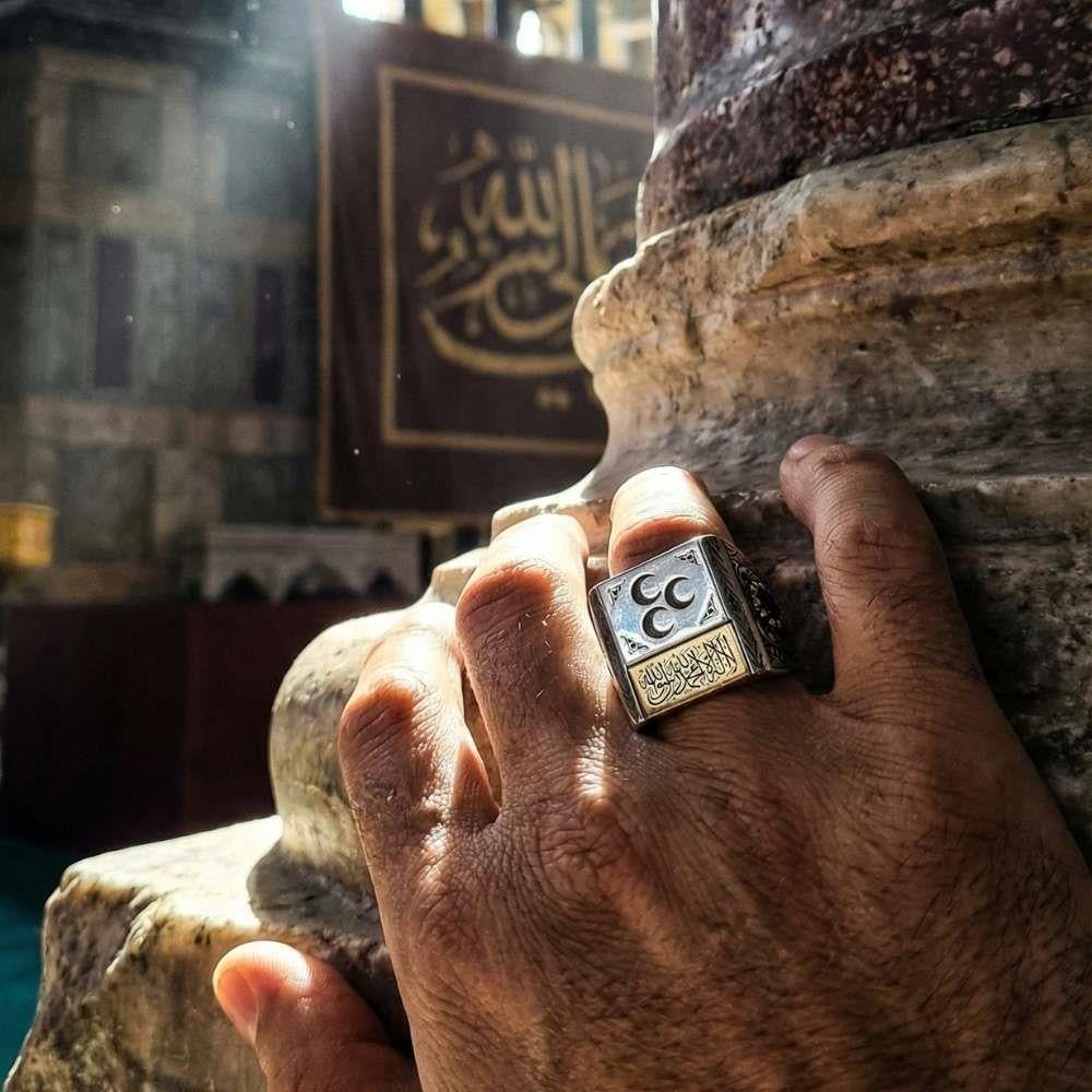 Üç Hilal Kelime-i Tevhid İşlemeli Gümüş YüzükÜç Hilal Yüzük