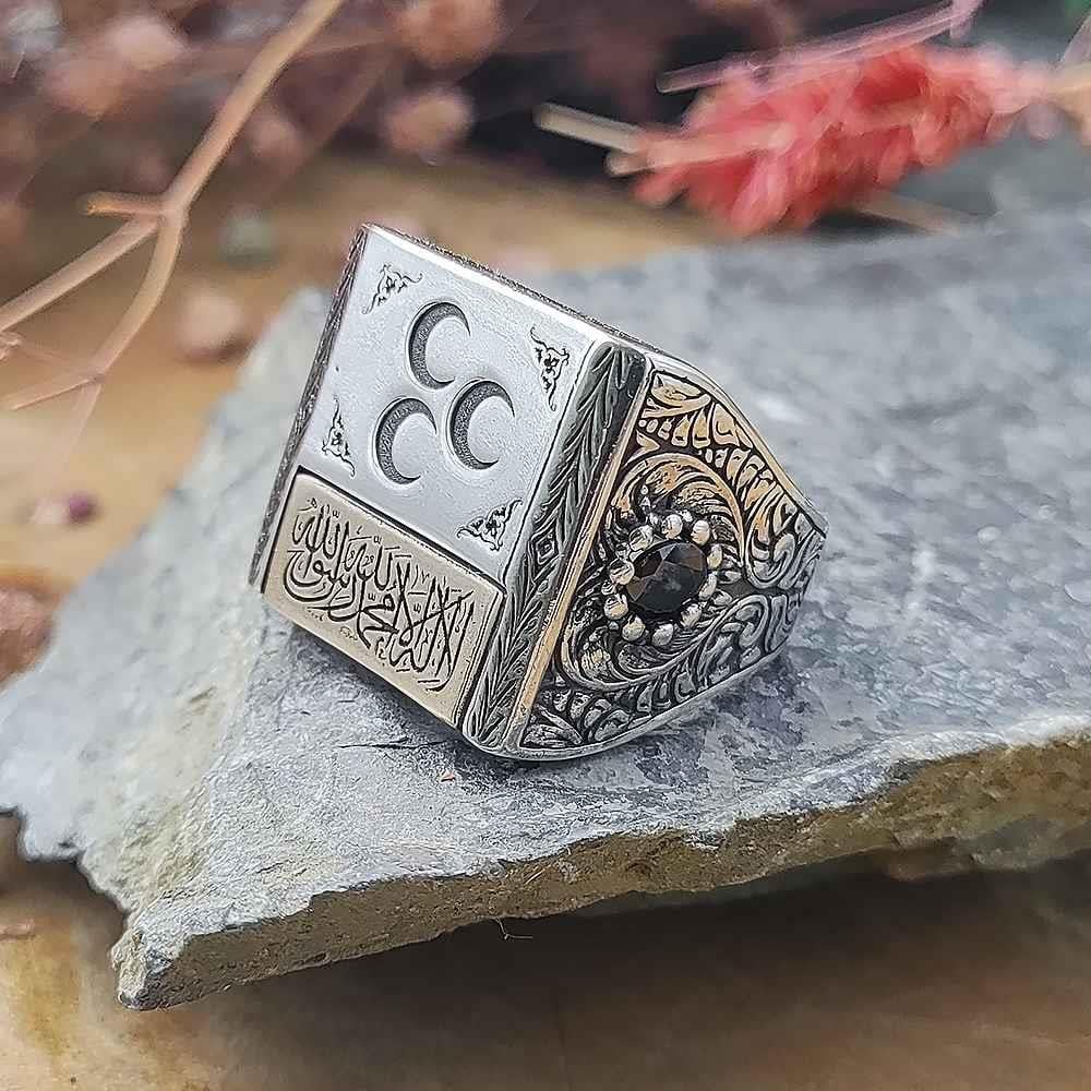 Üç Hilal Kelimel-i Tevhid İşlemeli Gümüş YüzükÜç Hilal Yüzük