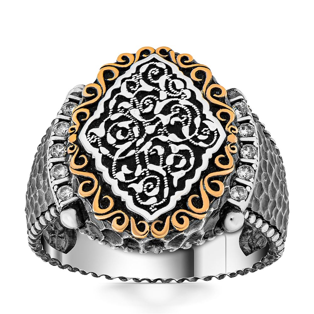 Üzeri Motifli Zirkon Taşlı Detaylı Gümüş Erkek Yüzük