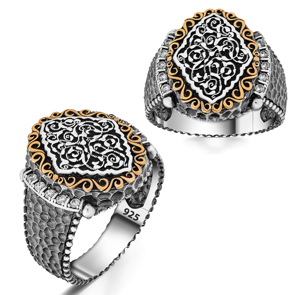 Üzeri Motifli Zirkon Taşlı Detaylı Gümüş Erkek Yüzük