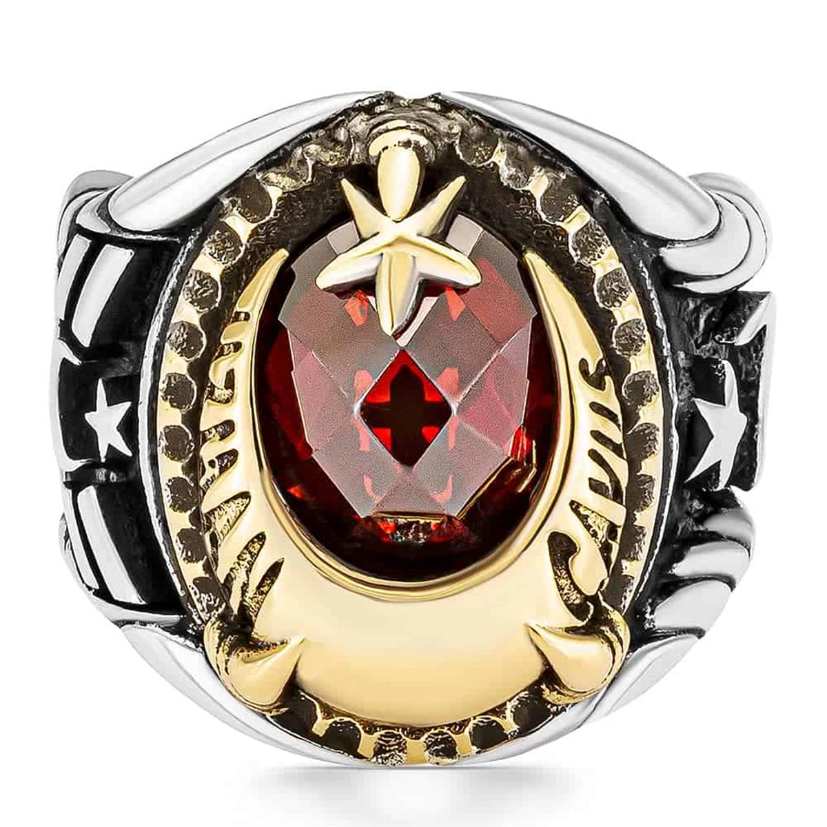 Master Sergeant Letter Embroidered Crescent and Star Motif Silver Ring