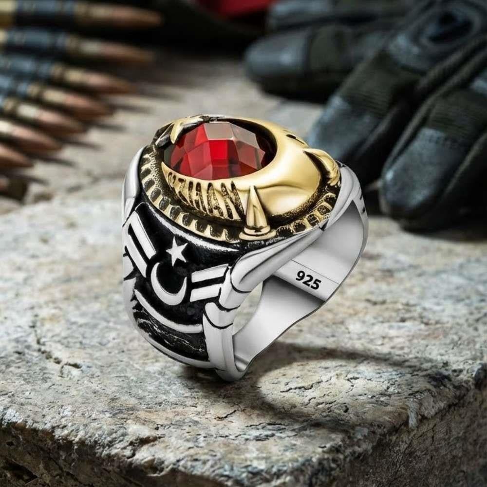 Master Sergeant Letter Embroidered Crescent and Star Motif Silver RingTurkish Master Sergeant Ring