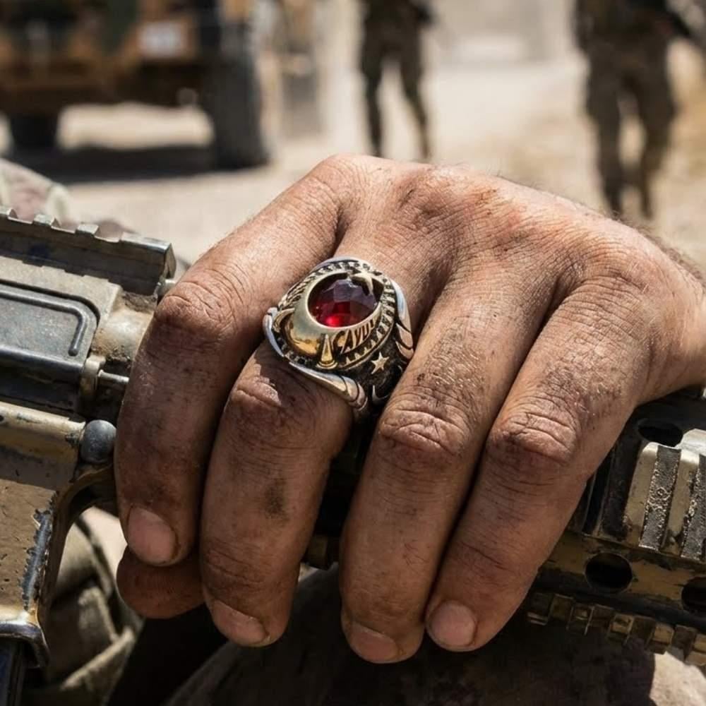 Master Sergeant Letter Embroidered Crescent and Star Motif Silver RingTurkish Master Sergeant Ring