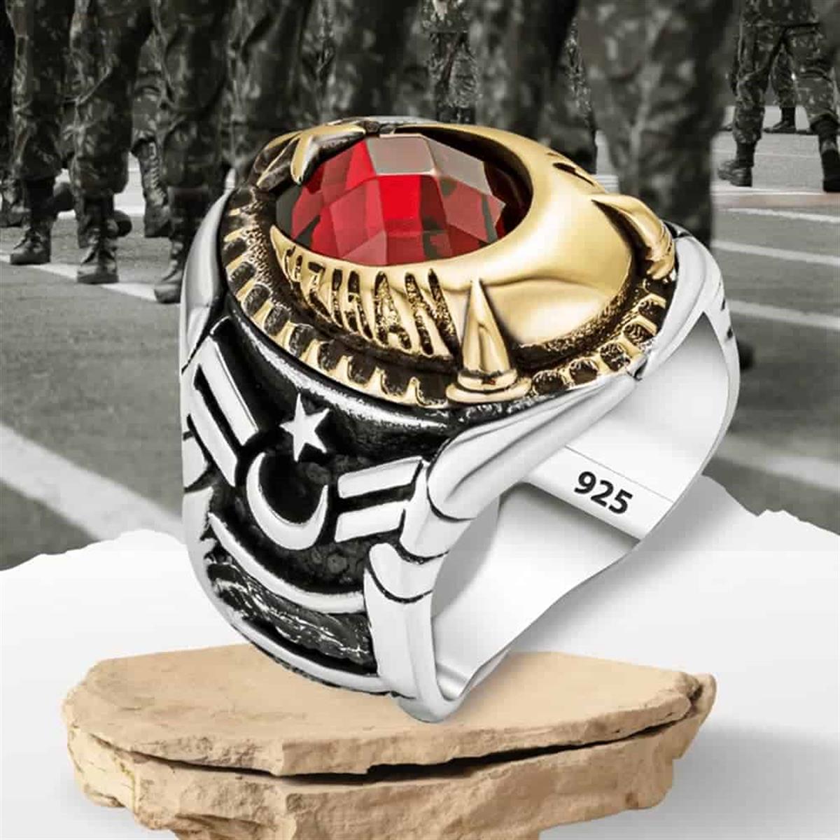 Master Sergeant Letter Embroidered Crescent and Star Motif Silver Ring