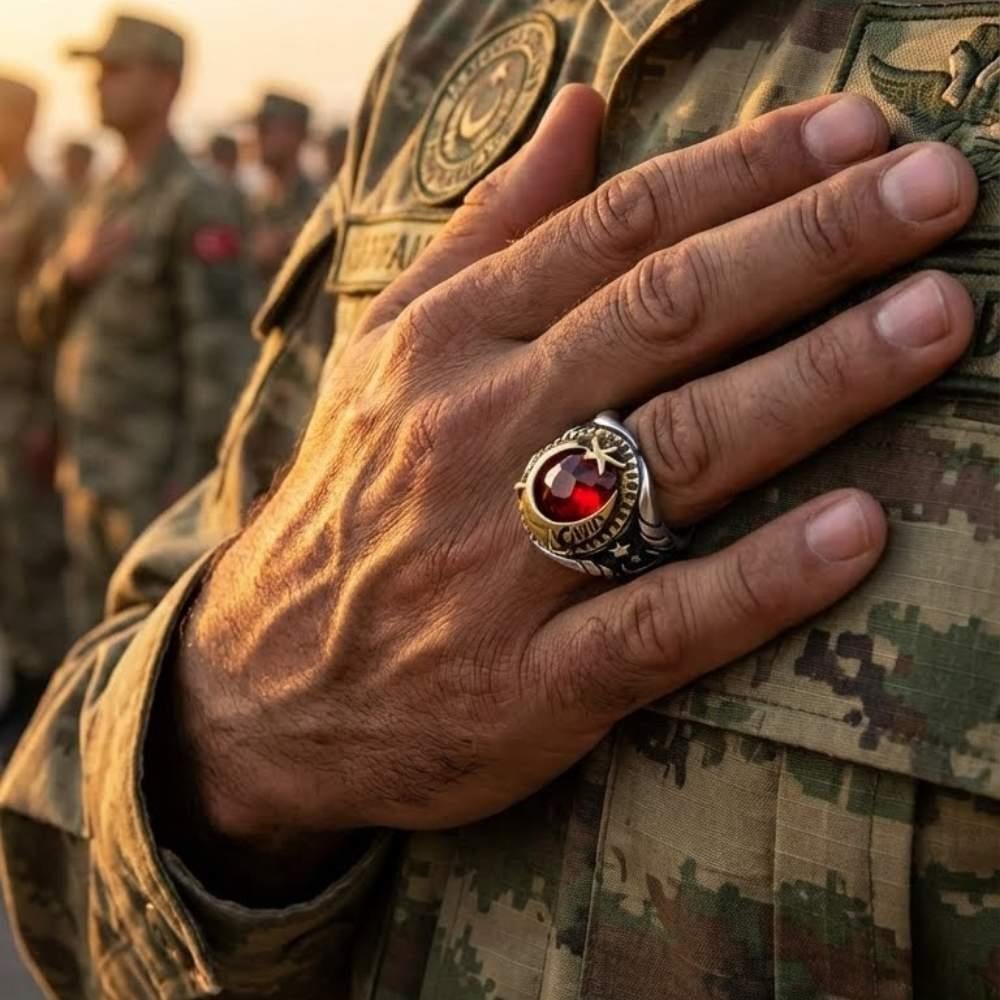 Master Sergeant Letter Embroidered Crescent and Star Motif Silver RingTurkish Master Sergeant Ring