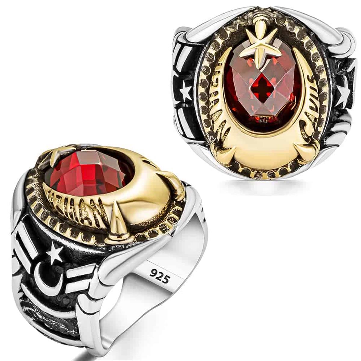 Master Sergeant Letter Embroidered Crescent and Star Motif Silver Ring