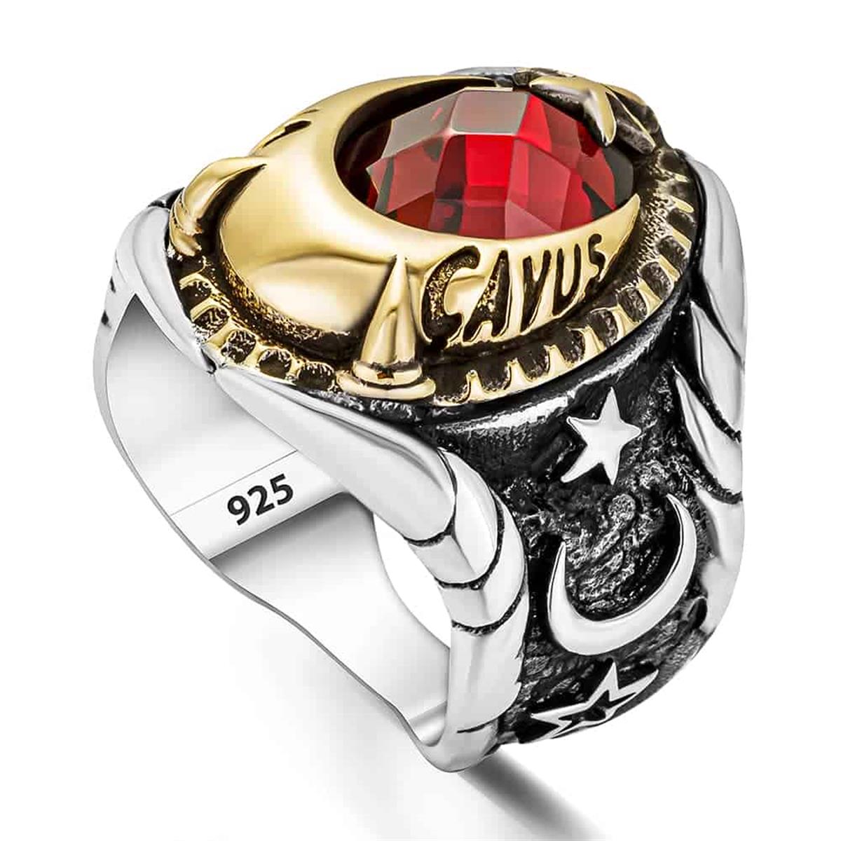 Master Sergeant Letter Embroidered Crescent and Star Motif Silver Ring