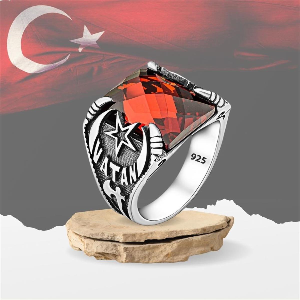 Vatan Yüzüğü Özel Kesim Zirkon Taşlı Gümüş Erkek Yüzük