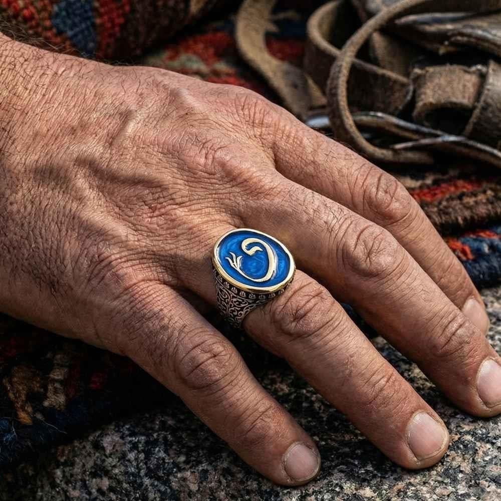 Vav Harfli Mineli Gümüş Erkek YüzükElif Vav Yüzük