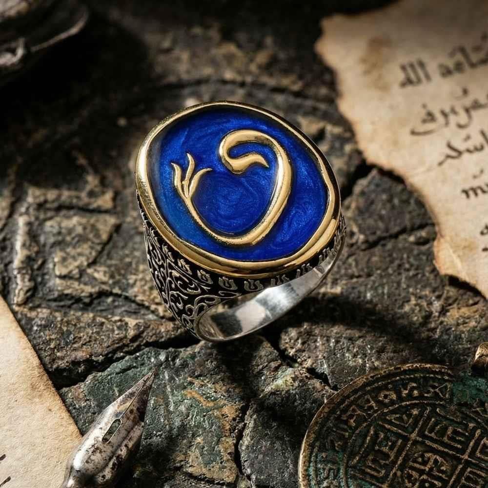 Vav Harfli Mineli Gümüş Erkek YüzükElif Vav Yüzük